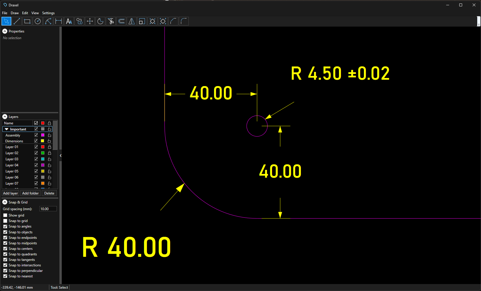 Close view of Draxel radius and linear dimensions with tolerances