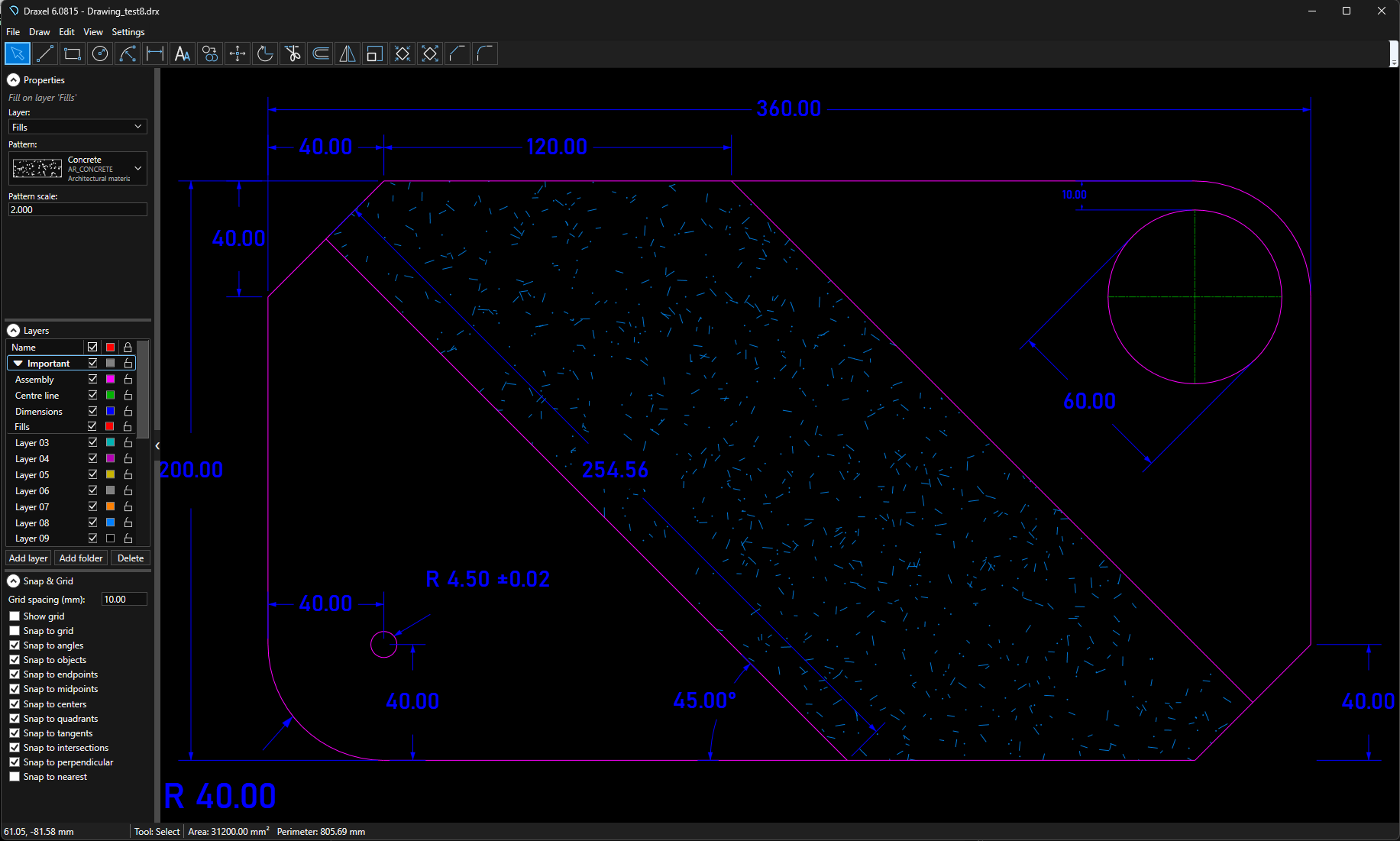 Draxel drawing showing layer folders, snapping, fills, and blue dimensions