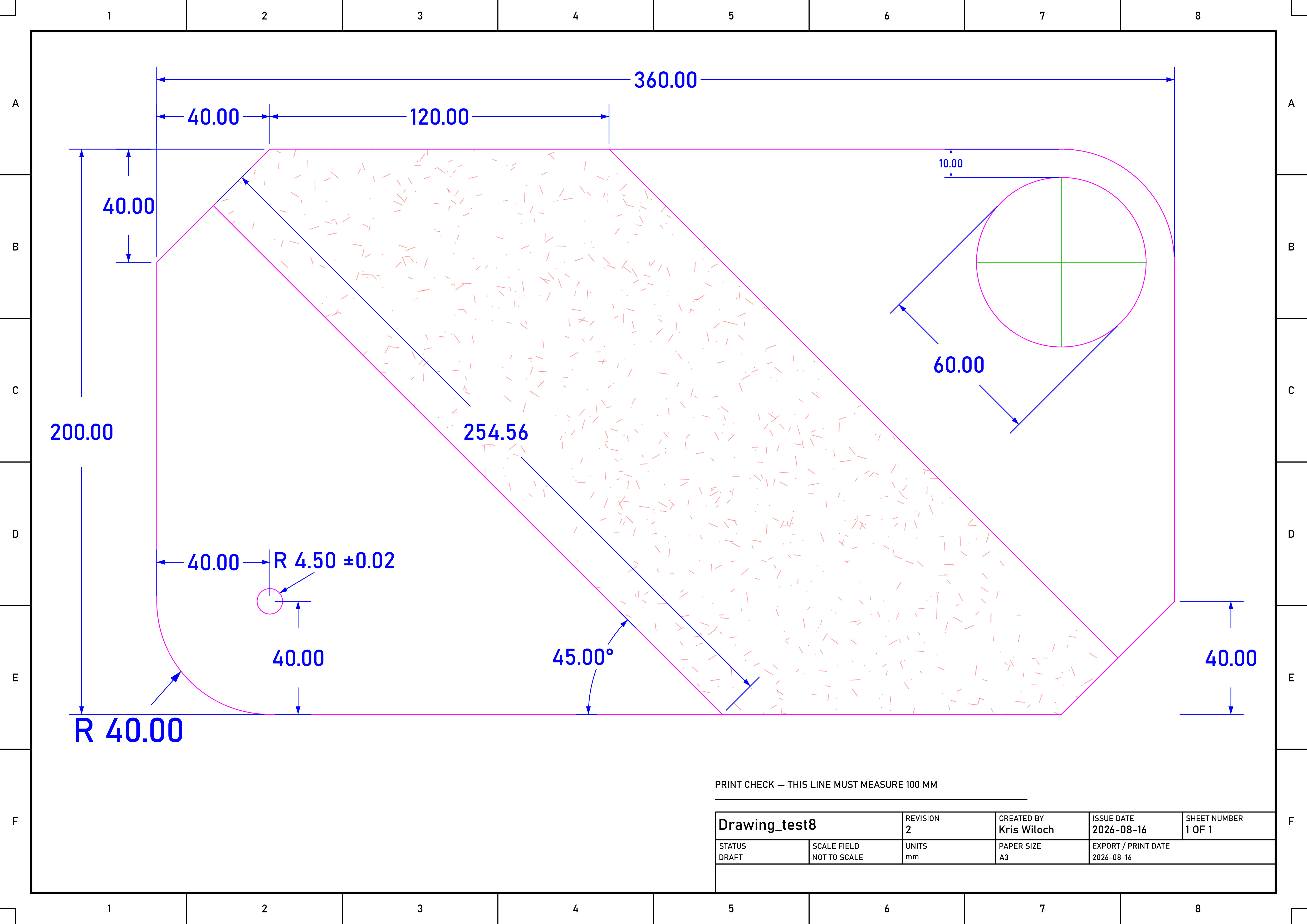 Professional A3 drawing sheet exported from Draxel with dimensions, tolerances, border, title block, and print check