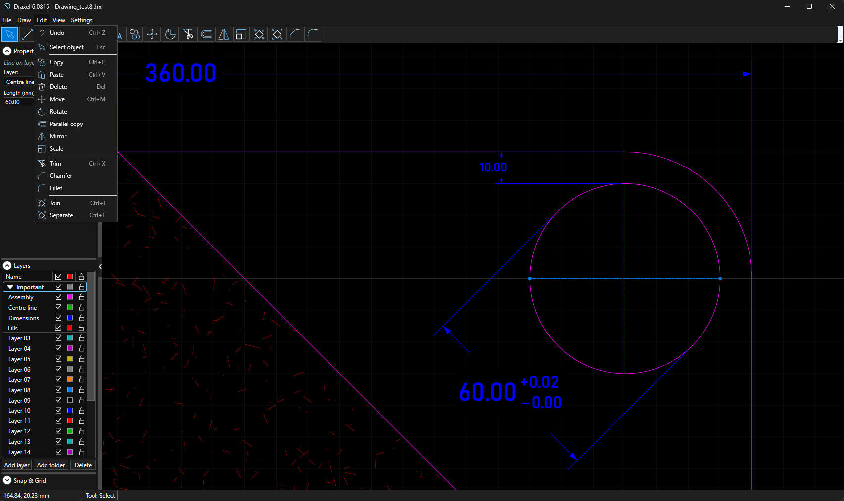 Draxel Edit menu with copy, move, rotate, mirror, scale, trim, fillet, and join tools