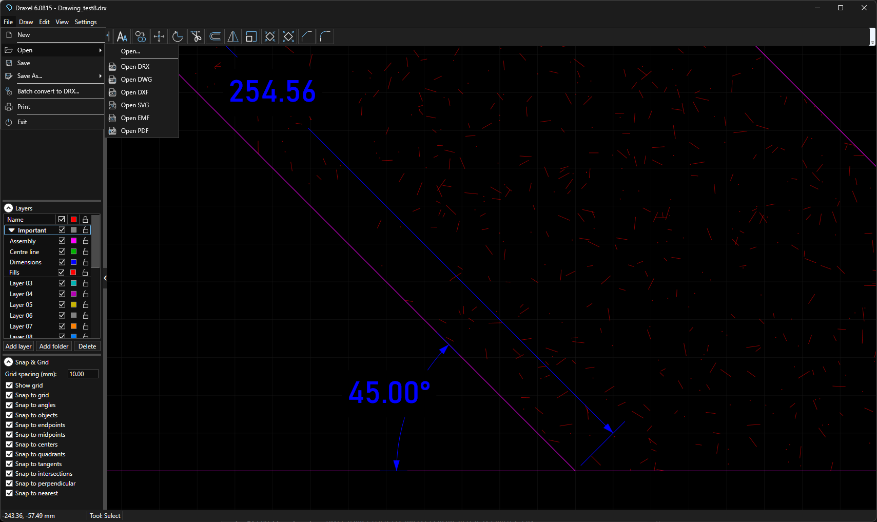 Draxel File menu showing DRX, DWG, DXF, SVG, EMF, and PDF import